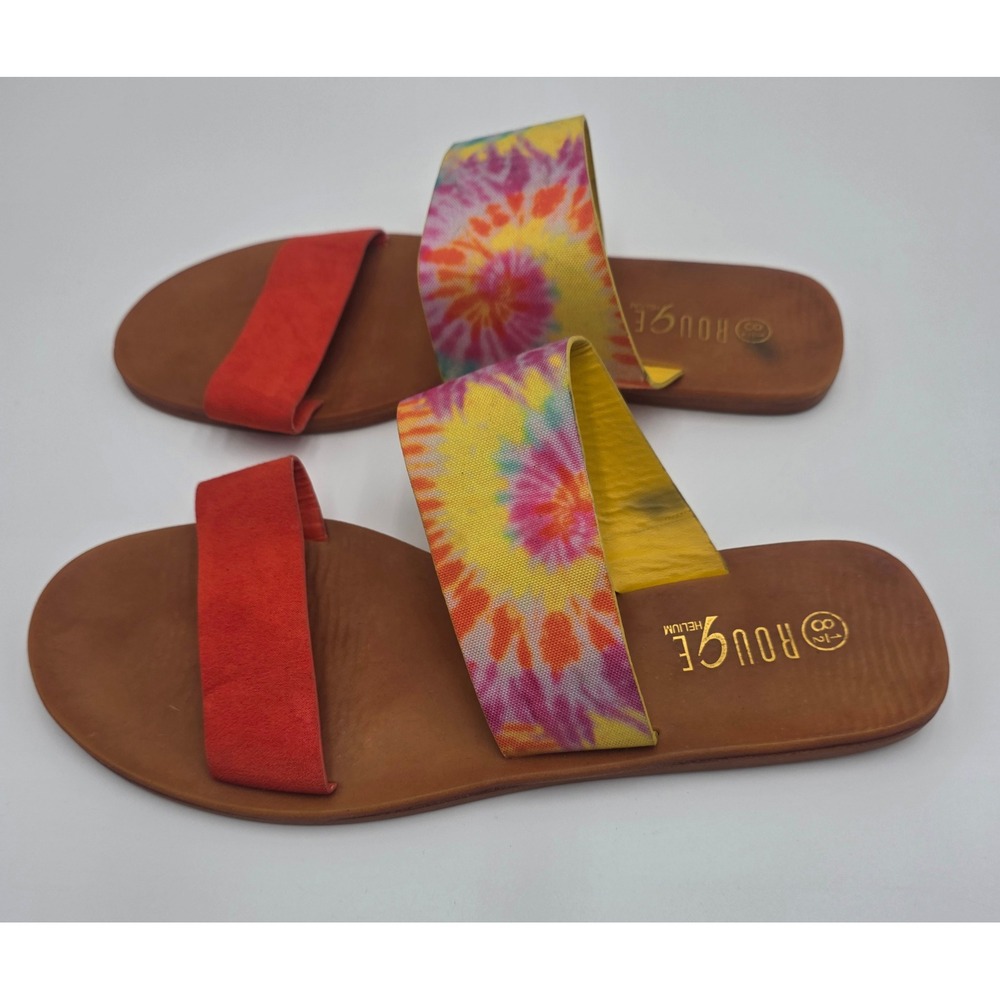 Rouge Helium Women's Flat Slide Sandals Bundle Brown Tie Dye Red Size 8.5 9 - Picture 7 of 12